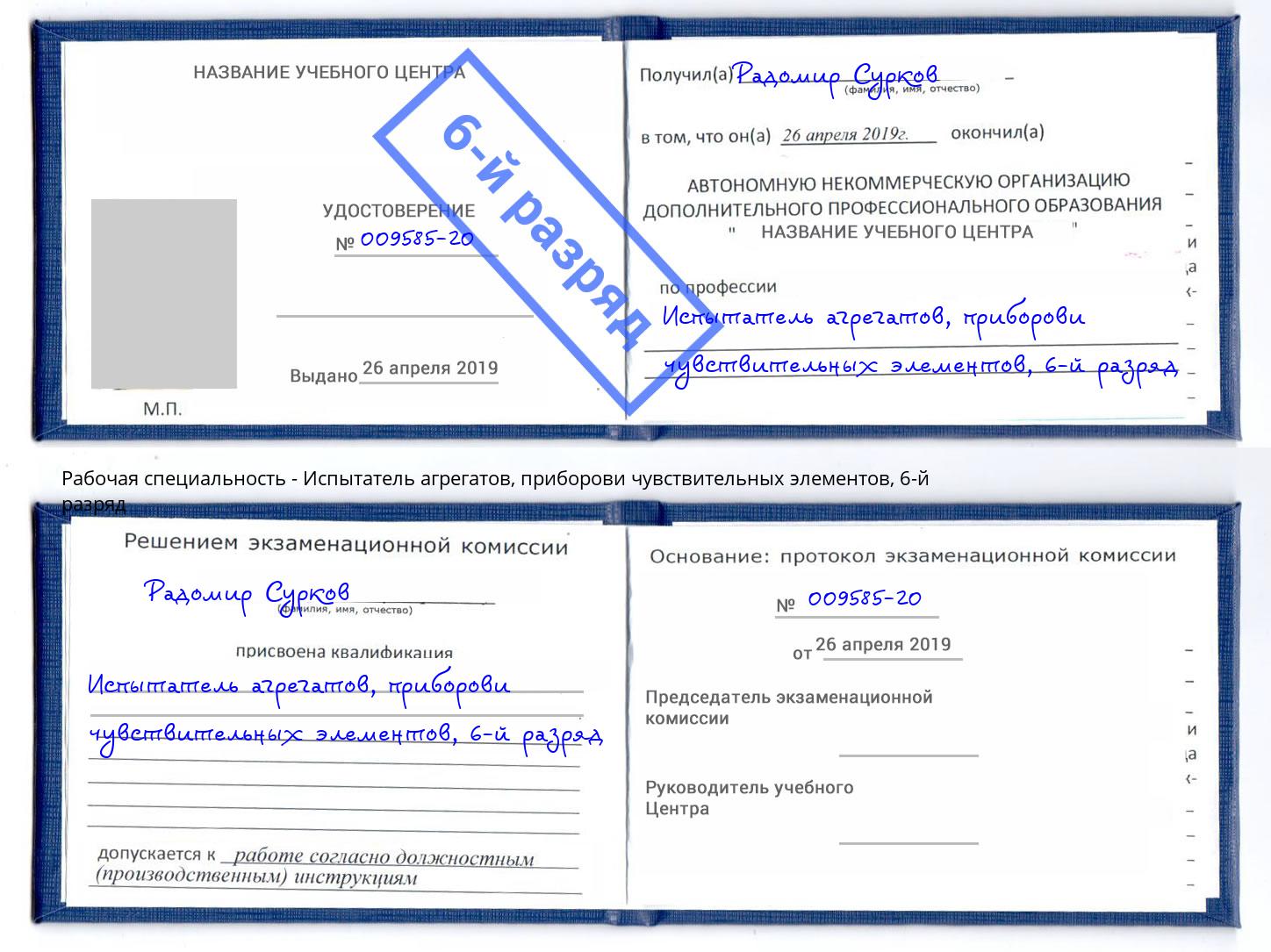 корочка 6-й разряд Испытатель агрегатов, приборови чувствительных элементов Апшеронск