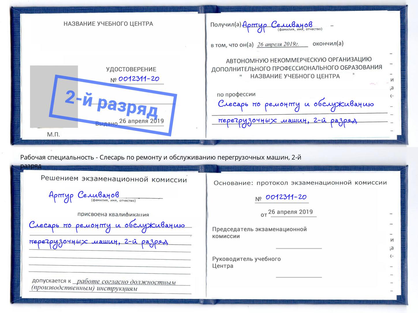 корочка 2-й разряд Слесарь по ремонту и обслуживанию перегрузочных машин Апшеронск