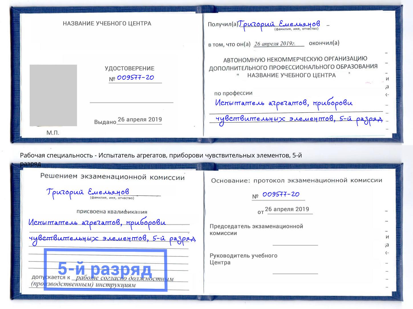 корочка 5-й разряд Испытатель агрегатов, приборови чувствительных элементов Апшеронск