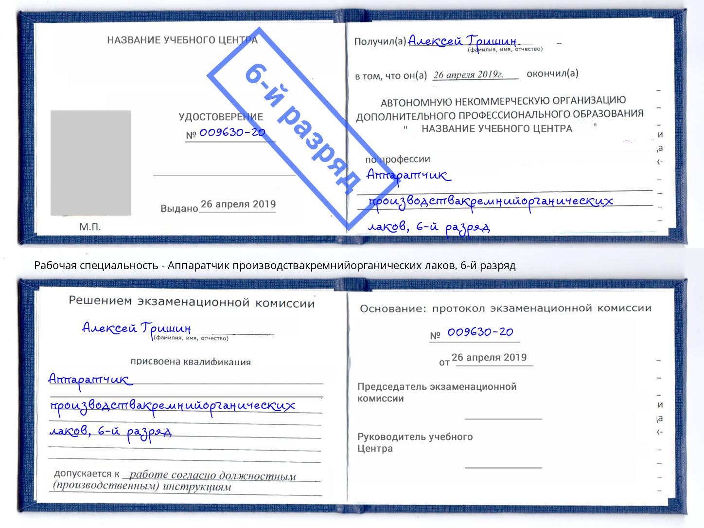 корочка 6-й разряд Аппаратчик производствакремнийорганических лаков Апшеронск